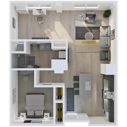 Floor plan for 1 bed, 1 bath, 834 sqft